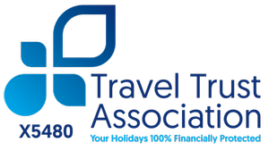 Travel Trust Association logo with abstract blue shapes and text 
