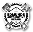 A black and white logo for edmunds automotive repair with pistons and a crown.