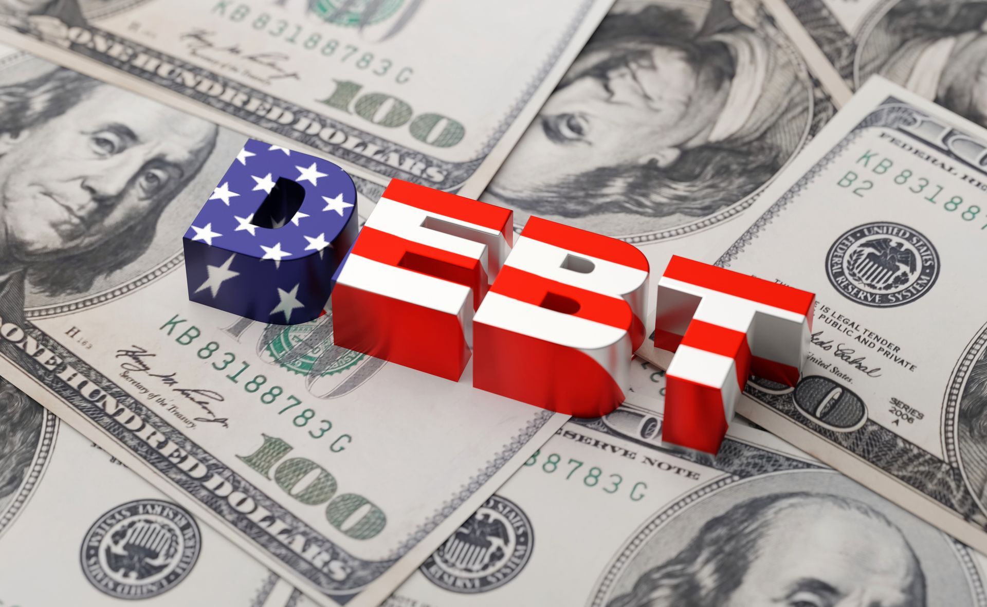 Close-up of the word 'debt' on 100-dollar bills, symbolizing financial stress and bankruptcy. Close-up of the word 'debt' on 100-dollar bills, symbolizing financial stress and bankruptcy.