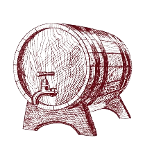 Un disegno di una botte di legno con un rubinetto.