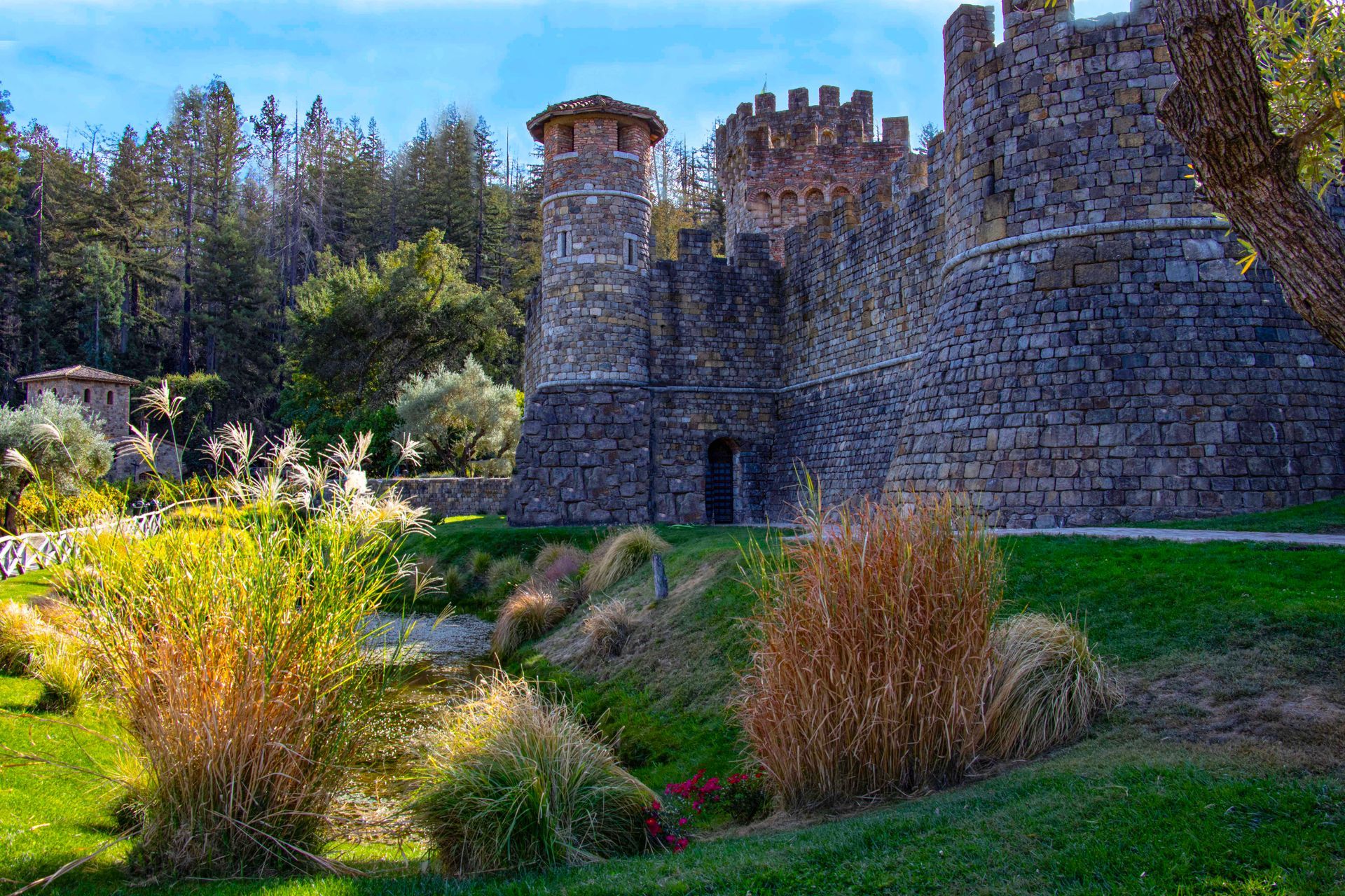 A stone castle surrounded by grass and trees in a park.