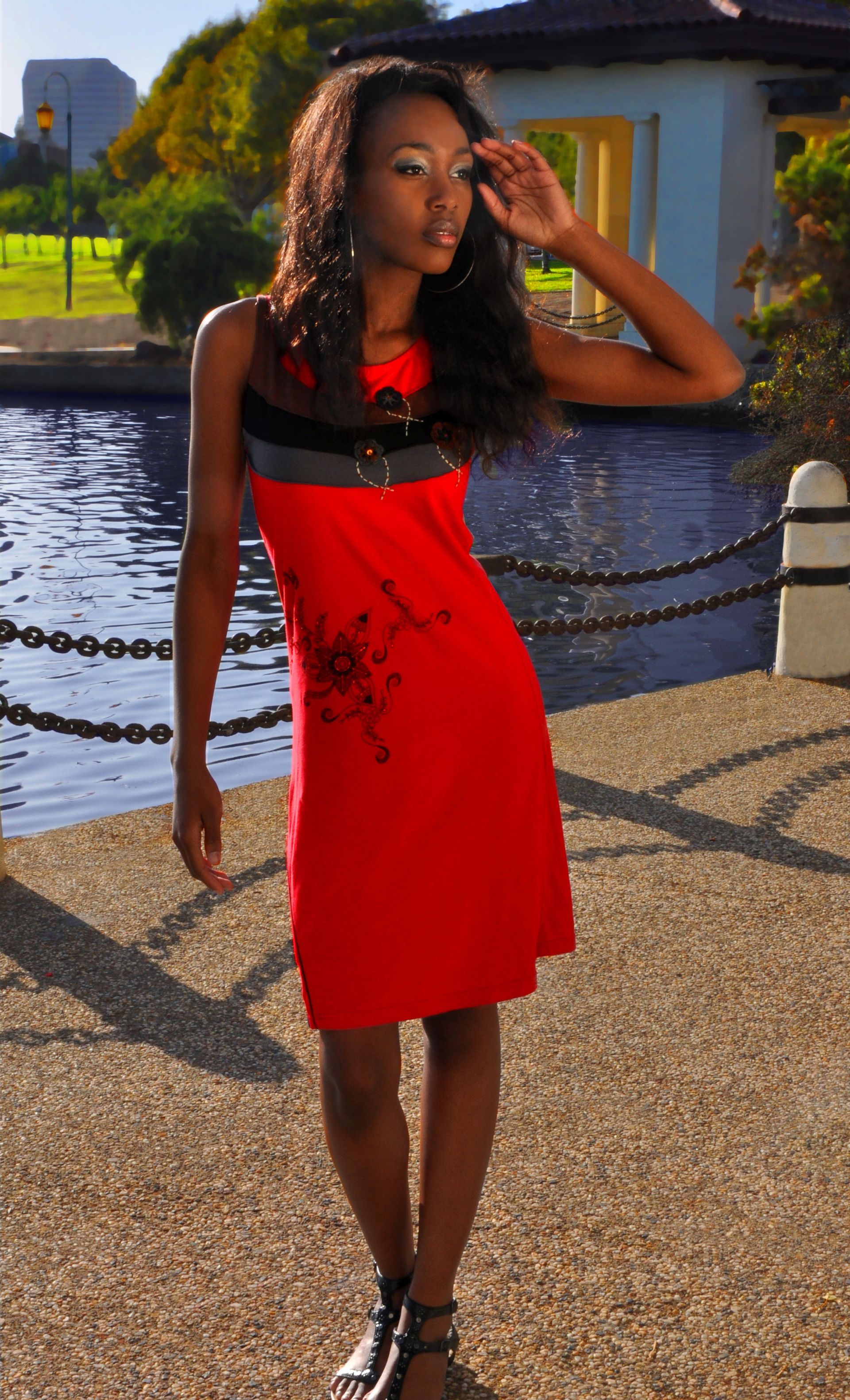 a woman in a red dress is standing in front of a body of water