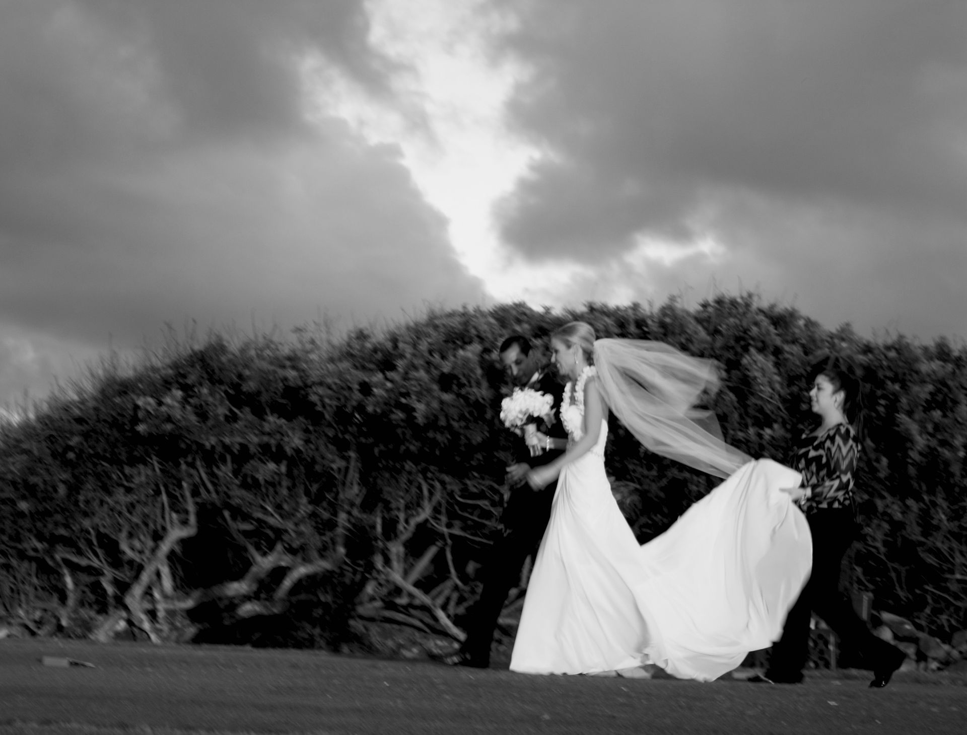 a black and white photo of a bride and groom walking down a hill .