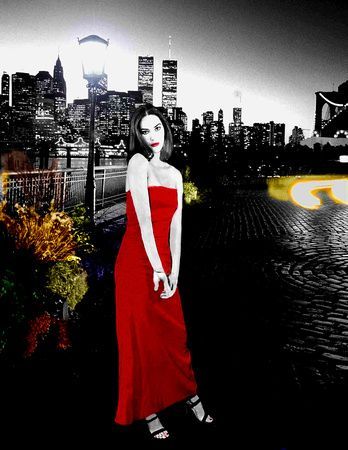 a woman in a red dress is standing in front of a city skyline