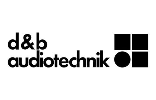A black and white logo for a company called d & b audiotechnik.