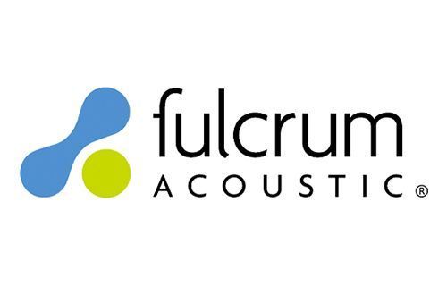 The fulcrum acoustic logo is a blue and green logo on a white background.