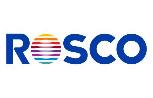 The logo for rosco is blue with a rainbow colored circle in the middle.