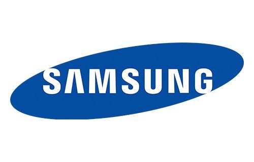 The samsung logo is blue and white on a white background.