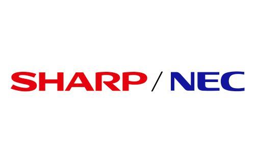 The logo for sharp / nec is red and blue on a white background.