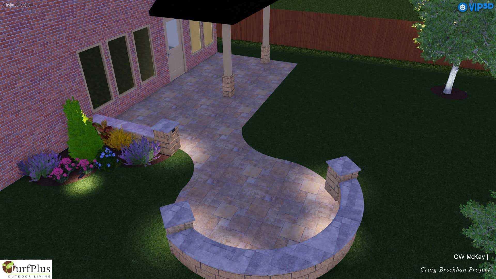 3D render paver patio and outdoor lighting design