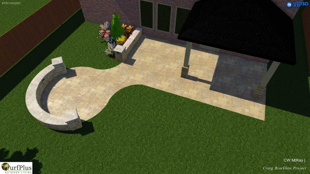 3D render paver patio and turf design