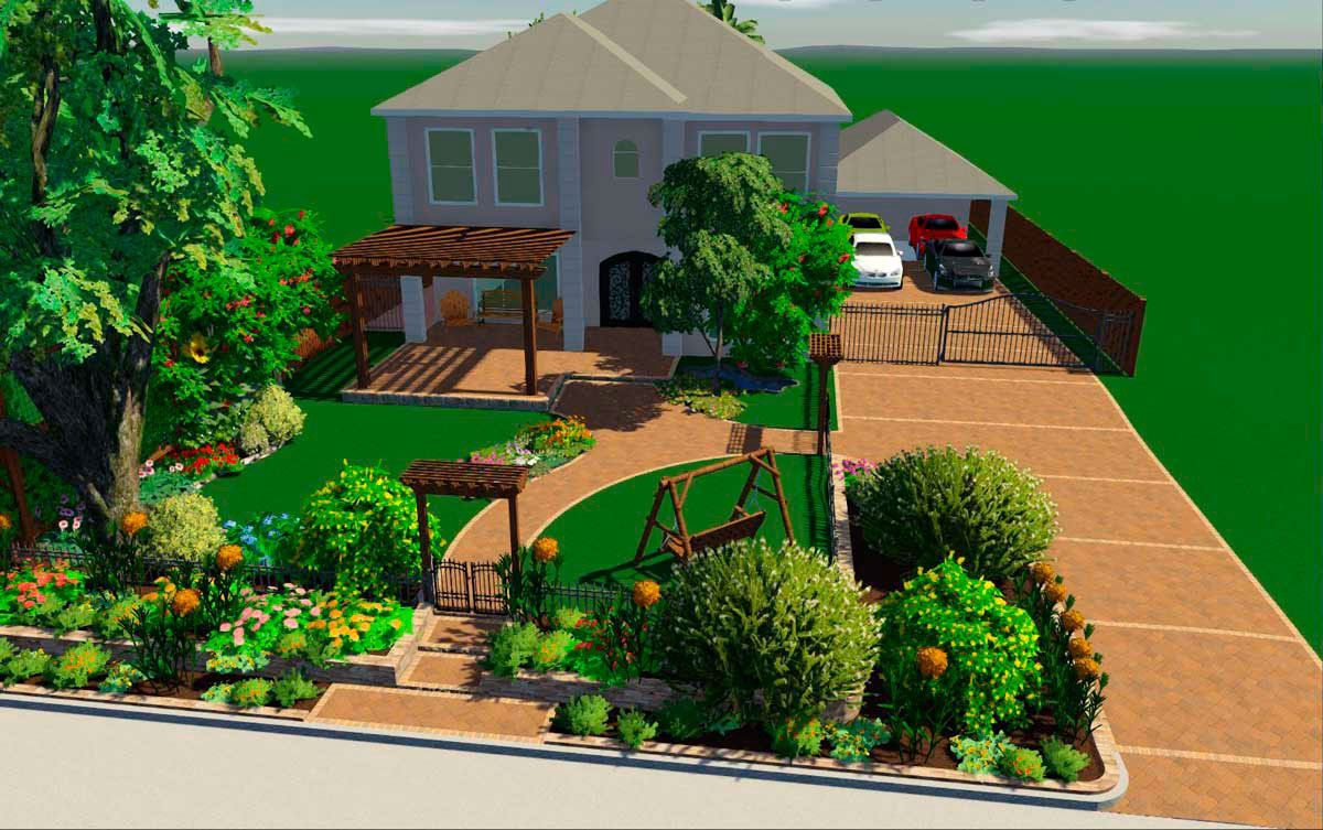 Yard 3D design with landscaping, driveway, pathways and pergola