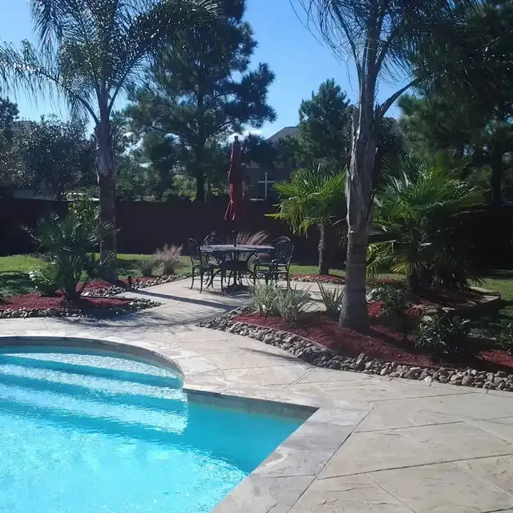 A swimming pool with a table and chairs surrounded by palm trees.