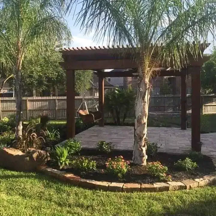 A backyard with a pergola, swing, and palm trees.