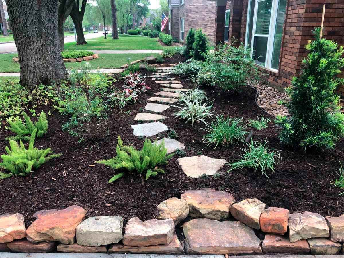 Pathway of a row of stones in the landscaping of cast iron plants