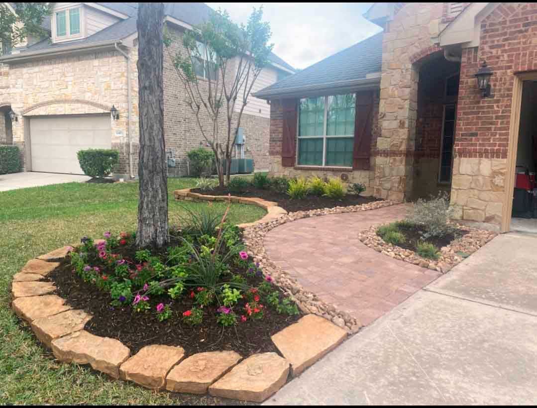 Small stone landscaping with Rock Rose plants and flowers