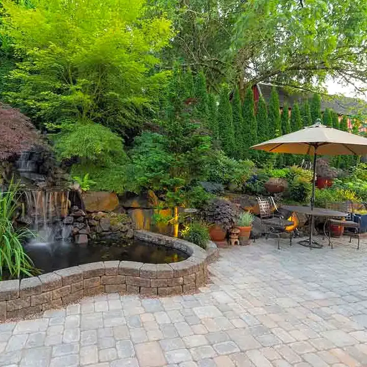 There is a waterfall in the middle of the garden.