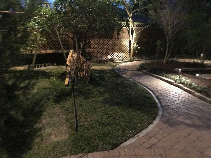 Exterior lighting for brick walkway and courtyard