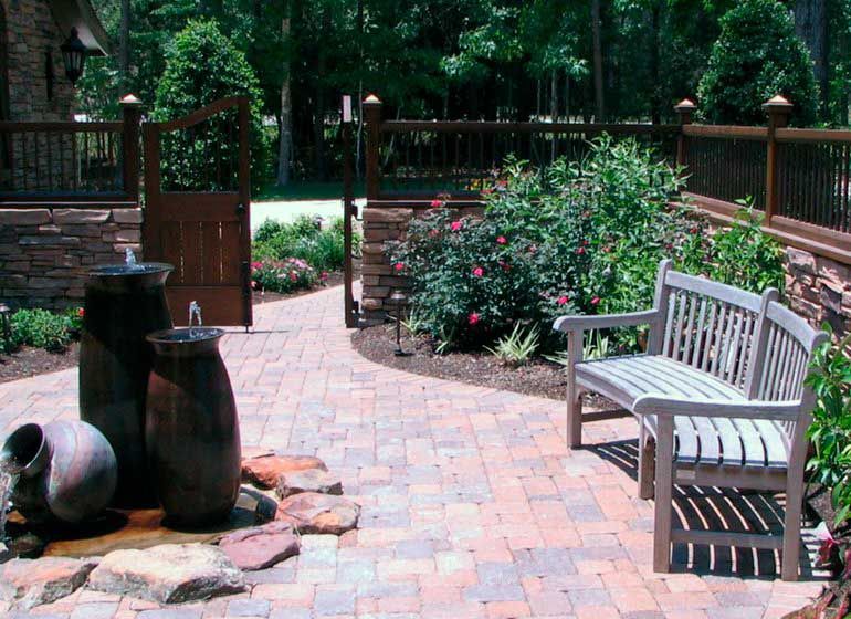 Beautiful patio with three pondless ceramic water fountains