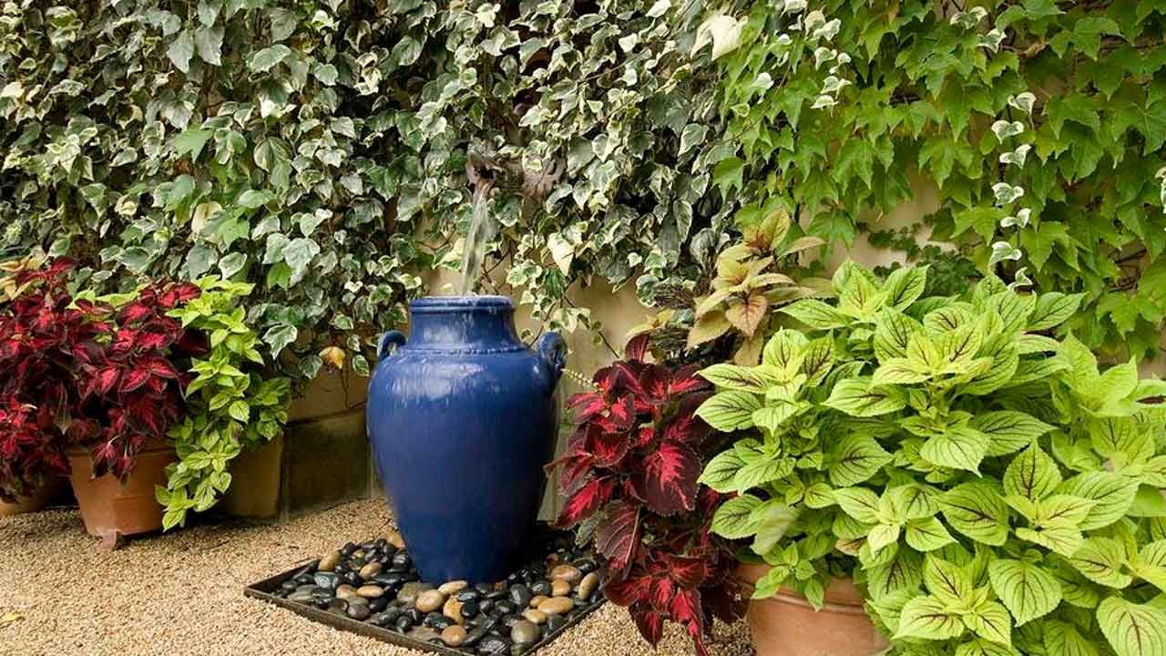 Outdoor water fountains with landscaping