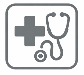 Medizinisches Kreuz und Stethoskop-Symbol in einem abgerundeten Rechteck.