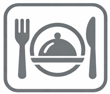 Restaurantschild mit Gabel, Messer und abgedecktem Teller.