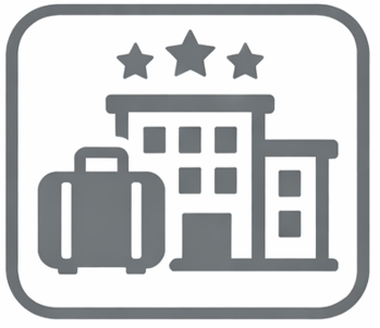 Hotelsymbol mit Sternen über dem Gebäude und einem Koffer.