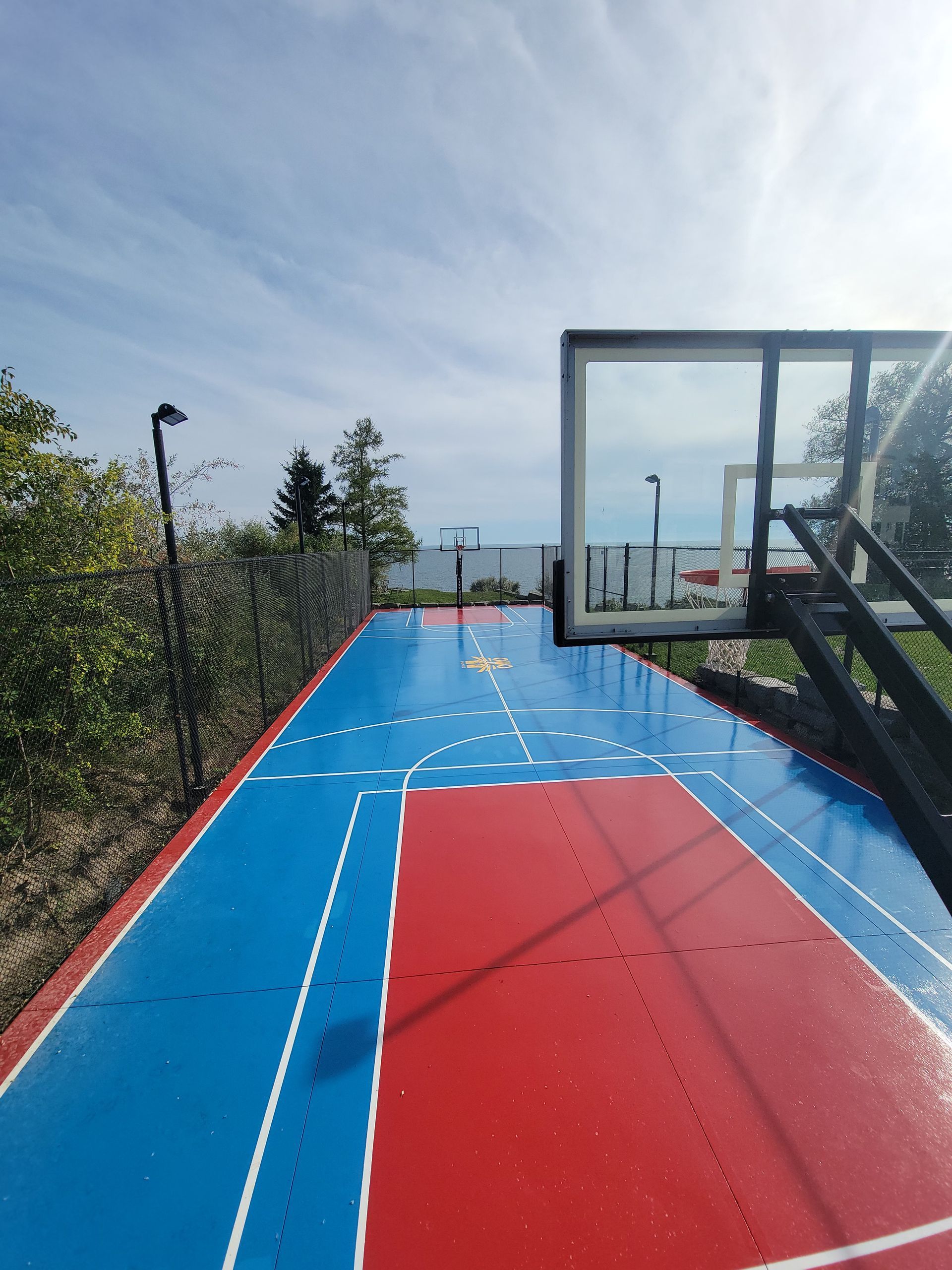 Outdoor basketball court with blue and red painted surface, hoop, and trees under a cloudy sky.