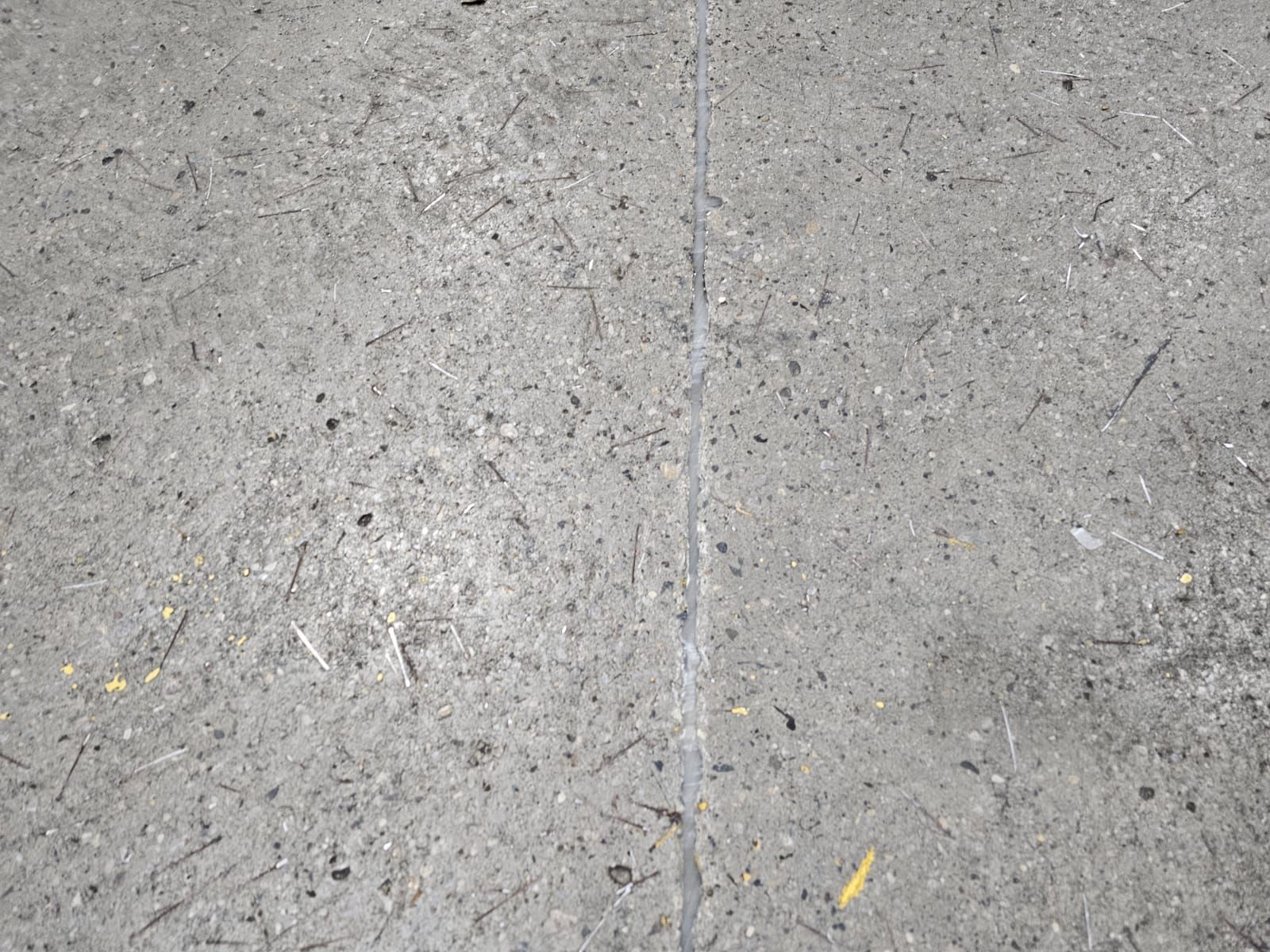 Gray concrete surface with a vertical crack, speckled with small dark spots.