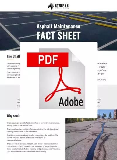 Asphalt Maintenance Fact Sheet with a PDF icon overlaying the content; parking lot details shown.