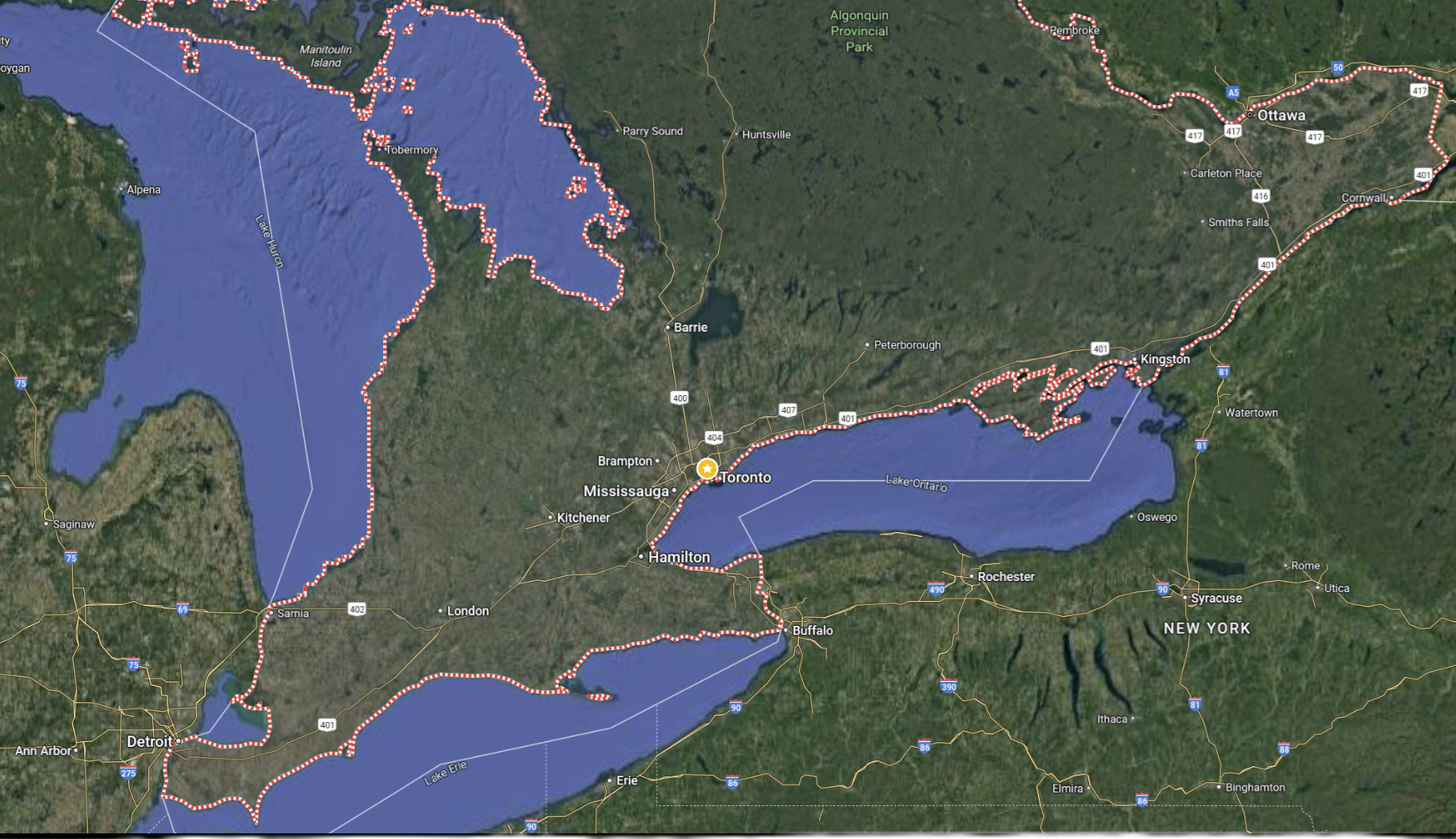 Satellite view of the Great Lakes and surrounding land in Canada and the United States.