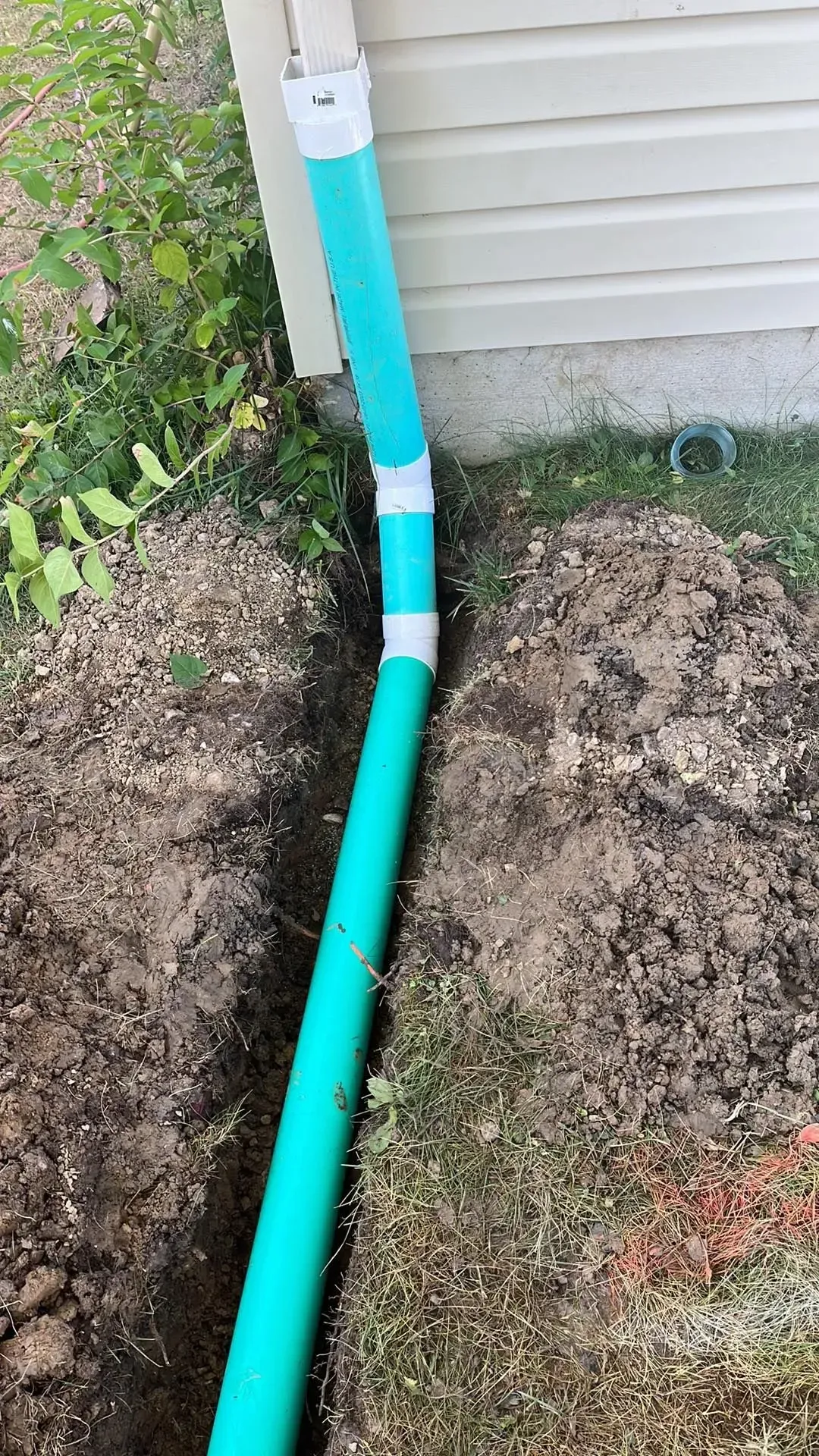 Turquoise drainage pipe with white bands running along a house foundation into the ground near bushes