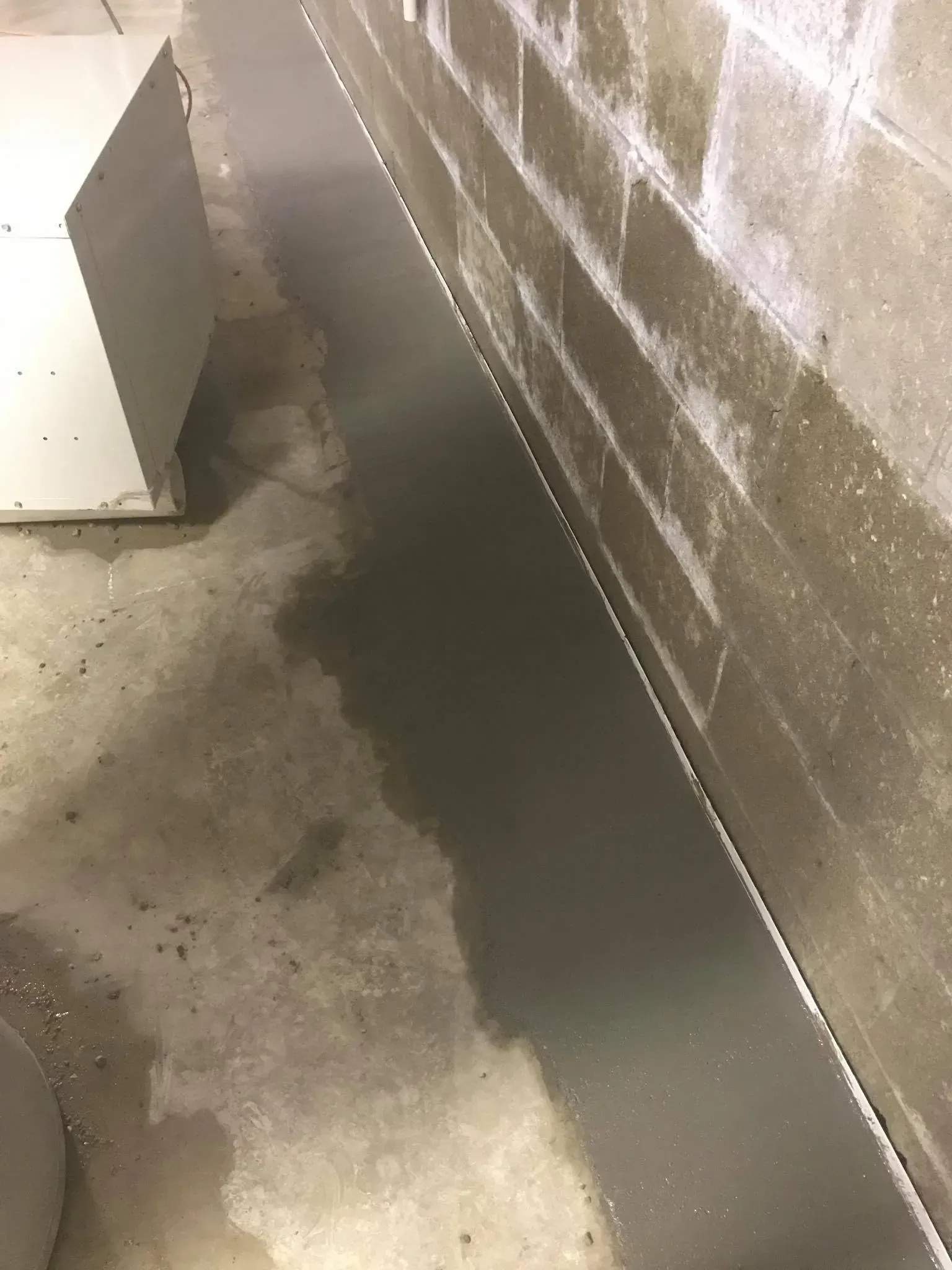 Narrow concrete stairwell with a white railing beside a stained brick wall and a dark wet floor.