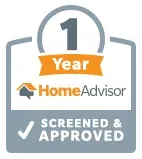 1-year HomeAdvisor screened & approved badge with gray, orange, and blue design
