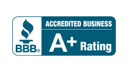 BBB Accredited Business A+ rating logo in teal and white