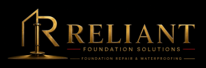 Reliant Foundation Solutions logo in gold on a black background, with foundation repair and waterproofing text