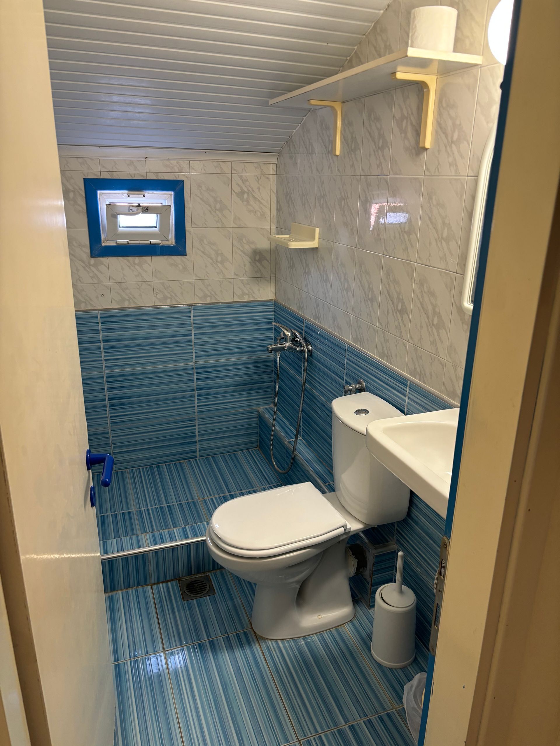 Small blue-and-white tiled accessible bathroom with toilet, sink, grab bar, and shower seat