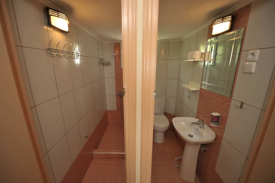 Narrow bathroom with sink, toilet, mirror, and tiled walls in beige and pink tones