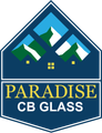 A logo for paradise cb glass with mountains in the background