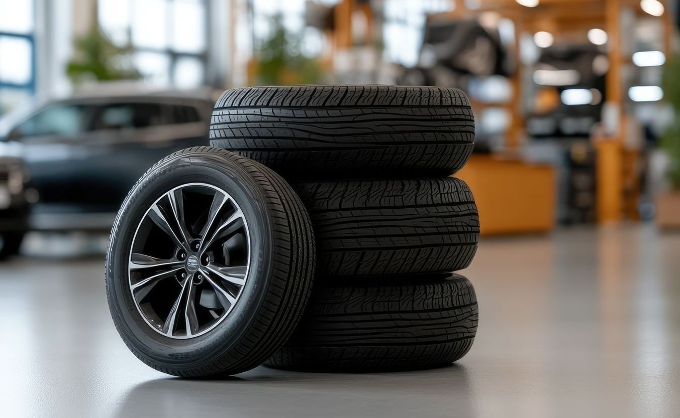 Stacked black car tires with a shiny alloy wheel in a blurred auto shop garage
