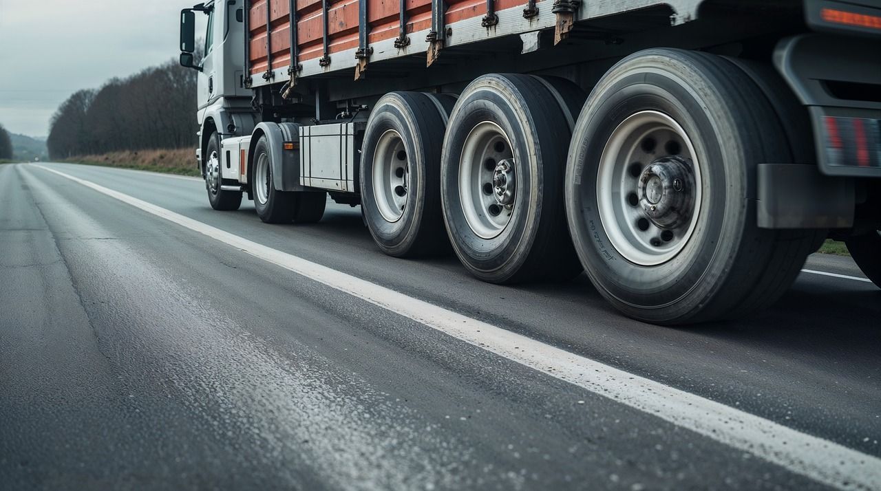 Truck driving on a wet highway beside a forested road