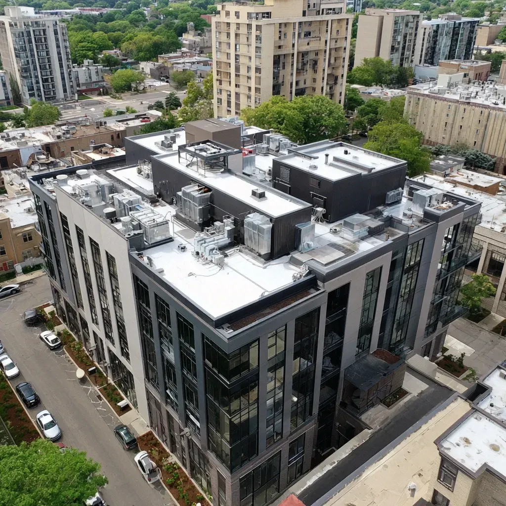 Evanston IL industrial roof sealing programs with staging, prep cleaning, seam taping, edge termination sealing, and reflective coating application over tens of thousands of square feet.