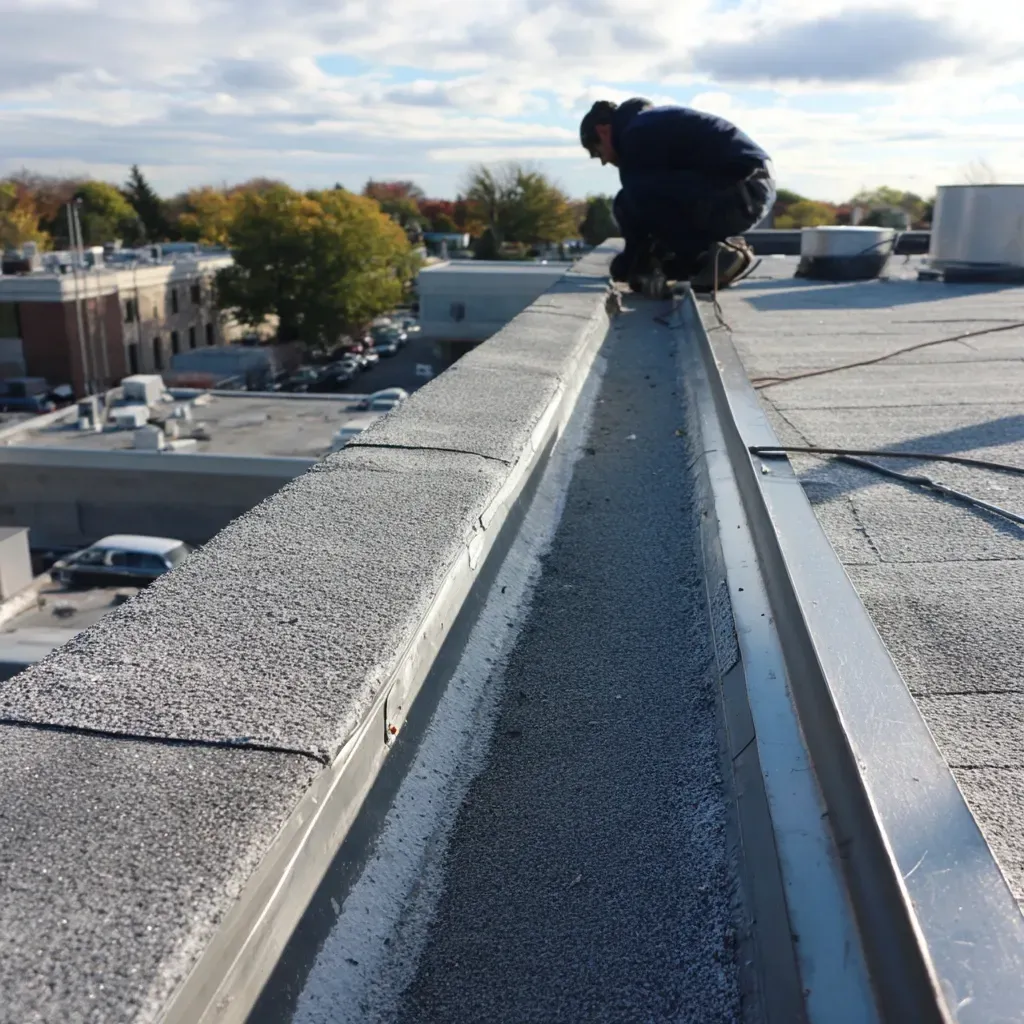 Commercial metal roof sealing Evanston IL with fastener sealant application, panel lap joint sealing, corrosion prevention coatings, and waterproofing barriers for standing seam or ribbed metal commercial roofs.