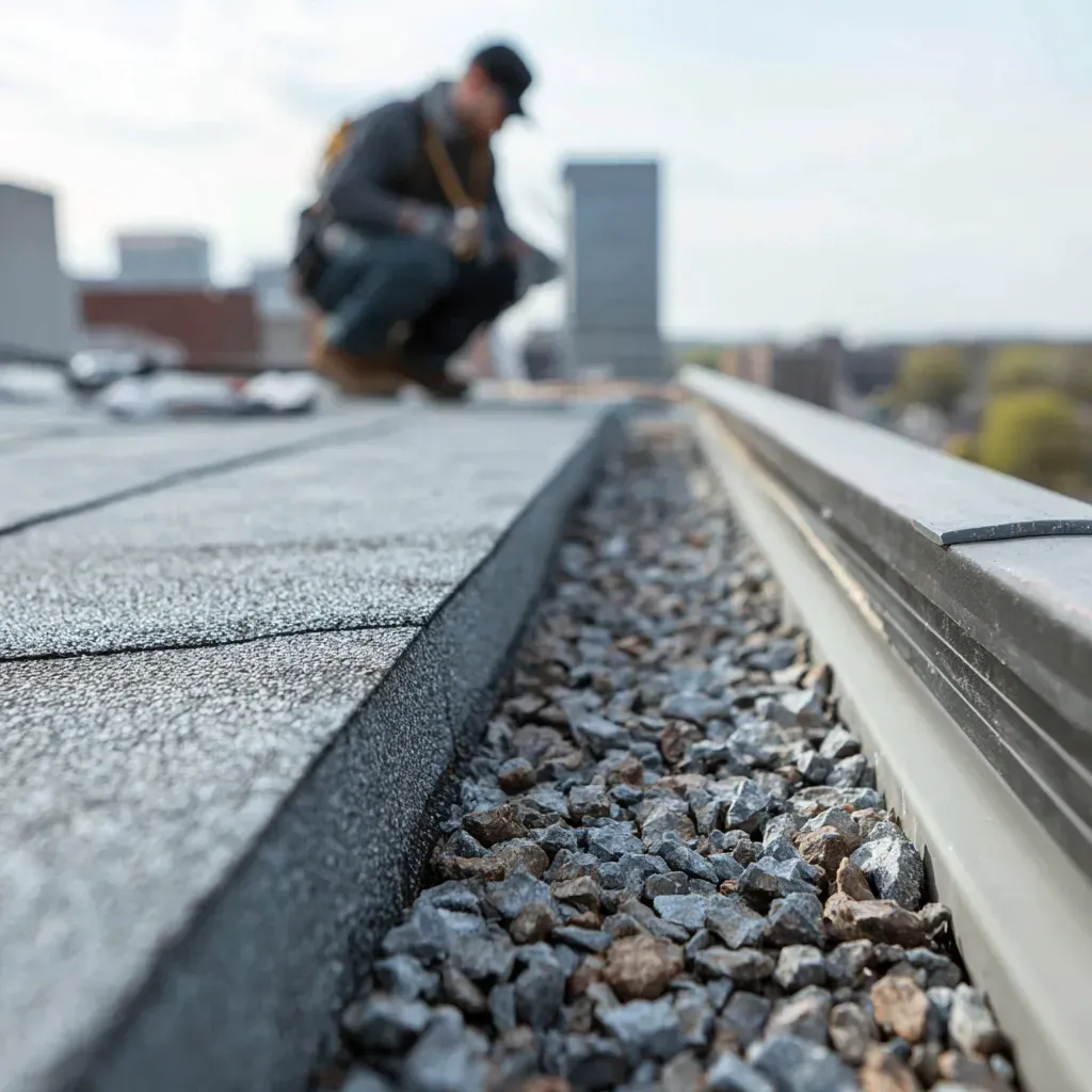 Flat roof installation Evanston IL including decking prep, ISO board insulation layering, fire-rated membrane application, welded flashing seams, and edge metal trim installations for complete flat roof systems.