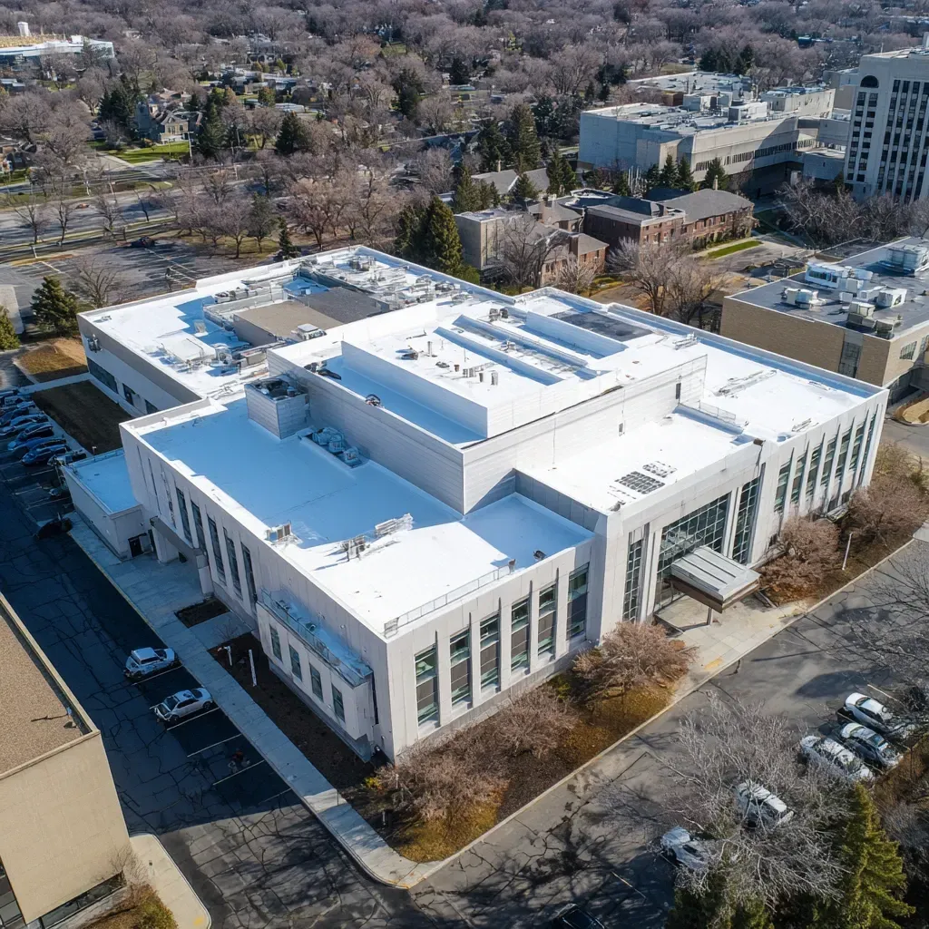 PVC commercial flat roof installation Evanston IL using thermoplastic white membranes, chemical-resistant overlays, rooftop equipment flashing, and high solar reflectivity materials to reduce HVAC loads.