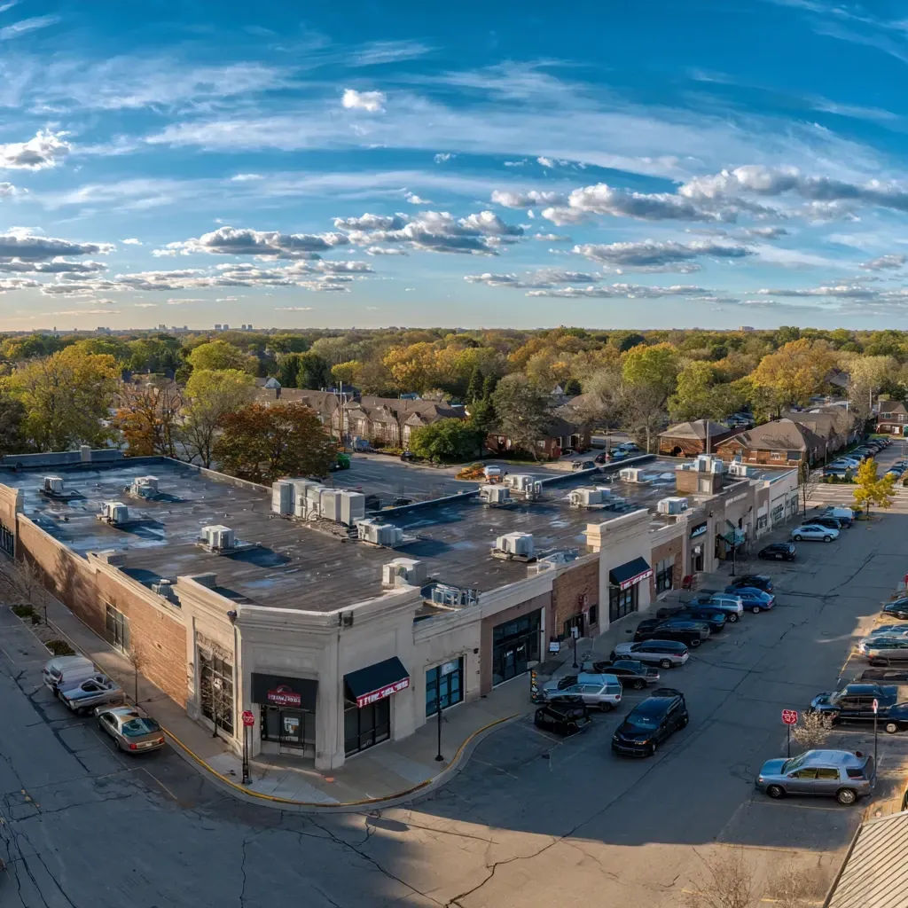 Seamless flat roof installation Evanston IL for commercial buildings using large membrane rolls, hot-air welded seams, detail patch flashing, and insulation crickets to eliminate ponding on Evanston Illinois rooftops.