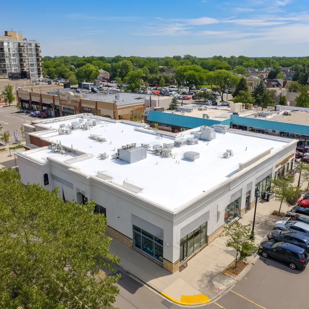 Reflective TPO roofing installation Evanston IL including mechanically fastened, fully adhered, and ballasted systems with welded white seams and solar deflection properties for large-scale roofs.