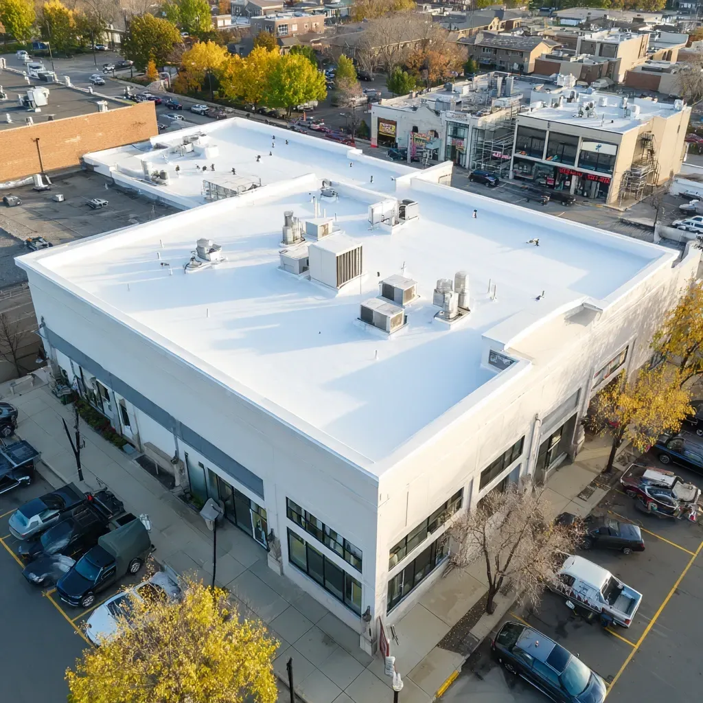 Advanced reflective commercial roof install Evanston IL using cool roofing technologies, tapered ISO insulation, edge termination sealing, and high SRI-rated surfacing for urban buildings.