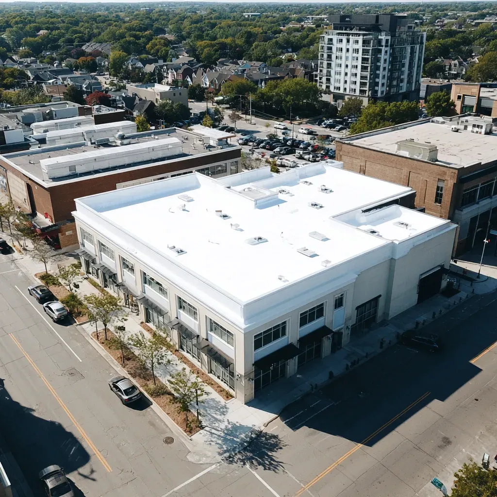 Ballasted commercial flat roof installation Evanston IL using EPDM rubber membranes, ballast rock placement, vent pipe flashing, and durable roof protection systems with high wind-uplift resistance ratings for Evanston IL properties.