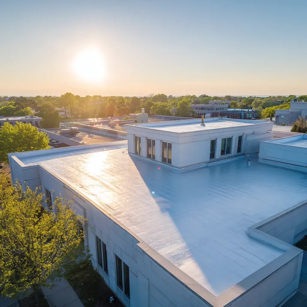 Fully adhered commercial flat roof systems Evanston IL with cold-applied adhesives, adhered TPO or PVC membranes, tapered ISO slope correction, and termination bars for all perimeters and penetrations in Evanston Illinois.